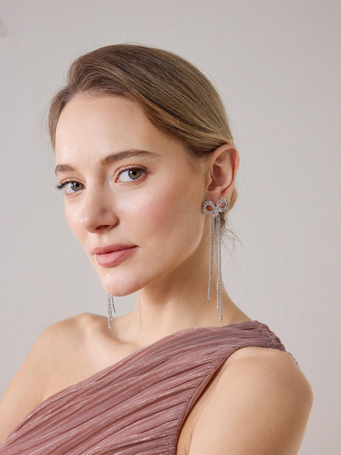 CM-AXS961143 Women Trendy Seoul Style Long Chain Tassel Zirconia Bow Dangle Earrings - Silver