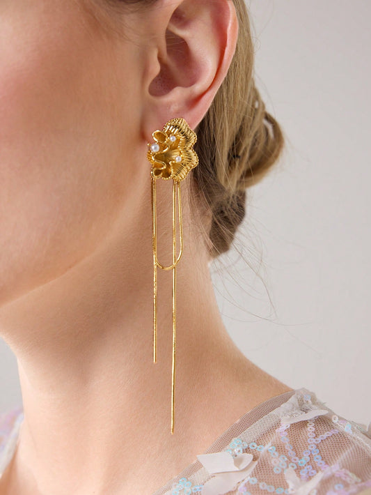 CM-AXS613640 Women Trendy Seoul Style 18K Gold Plated Metal Crinkle Tassel Earrings