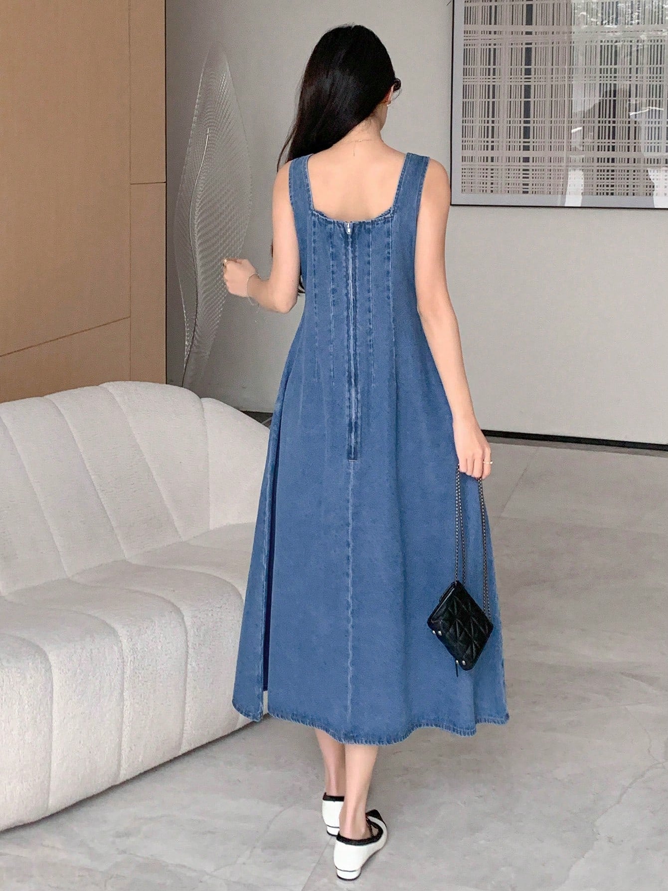 CM-DS699336 Women Casual Seoul Style Square Neck Sleeveless High Waist A-Line Denim Dress - Blue