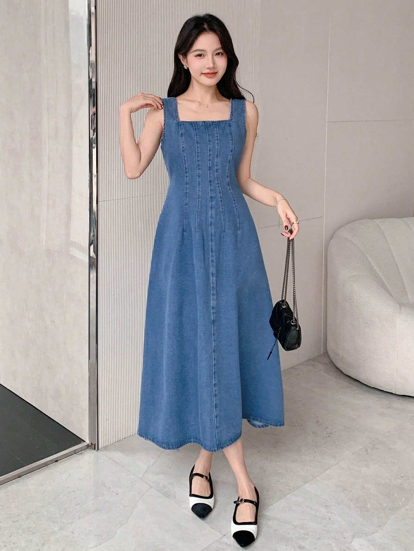 CM-DS699336 Women Casual Seoul Style Square Neck Sleeveless High Waist A-Line Denim Dress - Blue