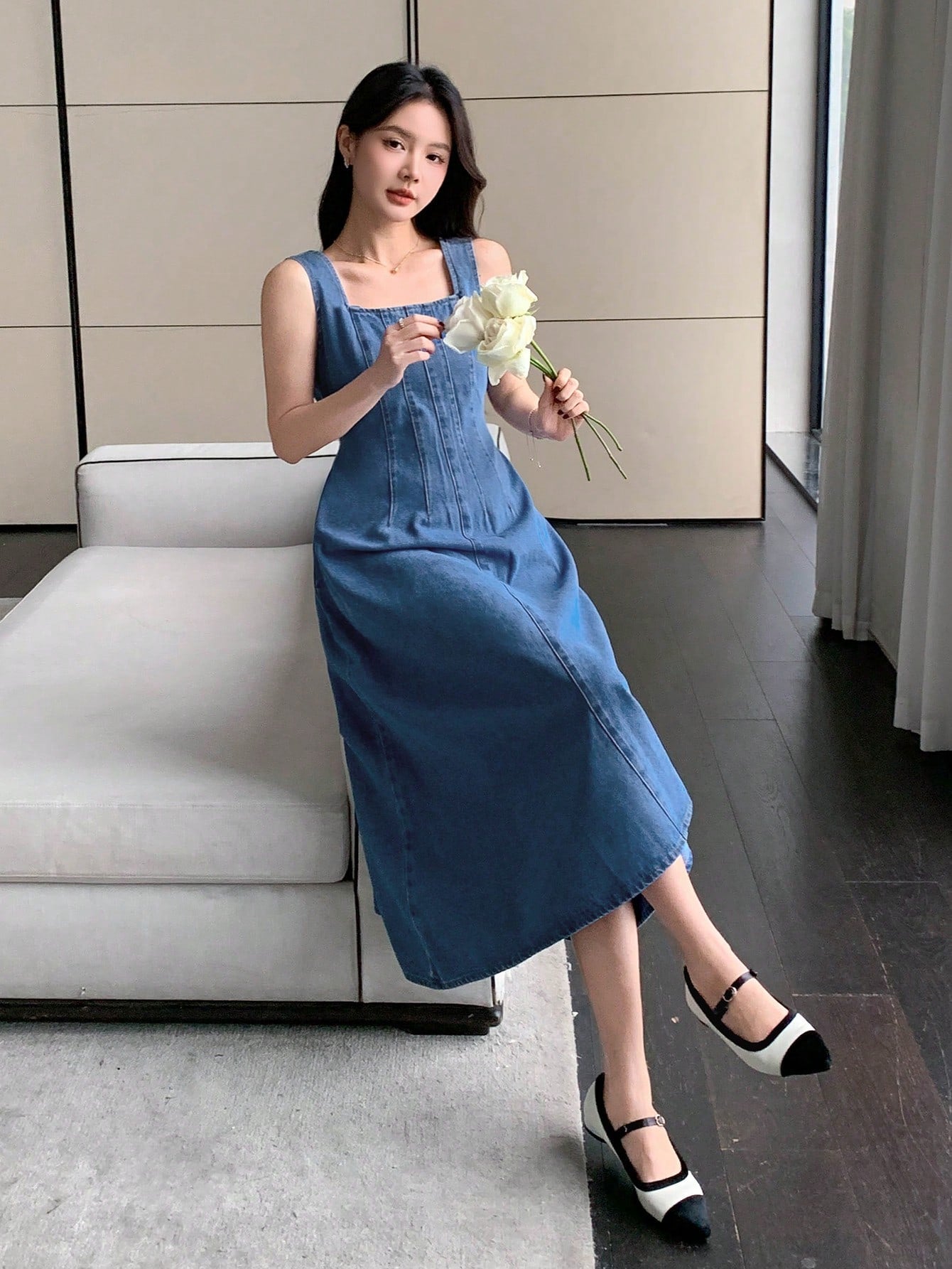 CM-DS699336 Women Casual Seoul Style Square Neck Sleeveless High Waist A-Line Denim Dress - Blue