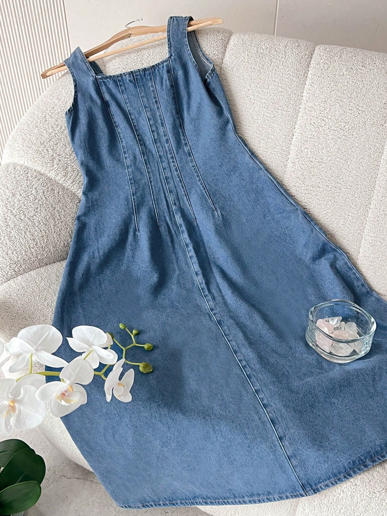 CM-DS699336 Women Casual Seoul Style Square Neck Sleeveless High Waist A-Line Denim Dress - Blue