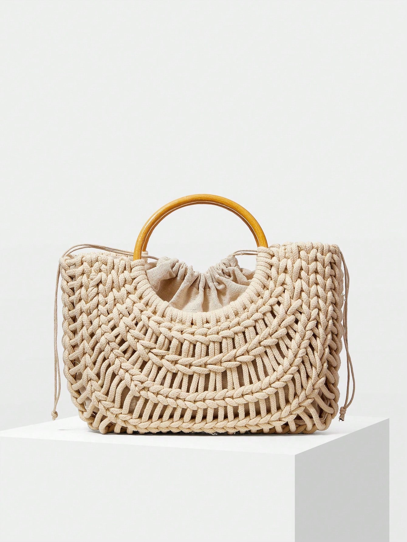 CM-BGS880515 Women Trendy Seoul Style Woven Hollow Out Drawstring Tote Bag - Beige