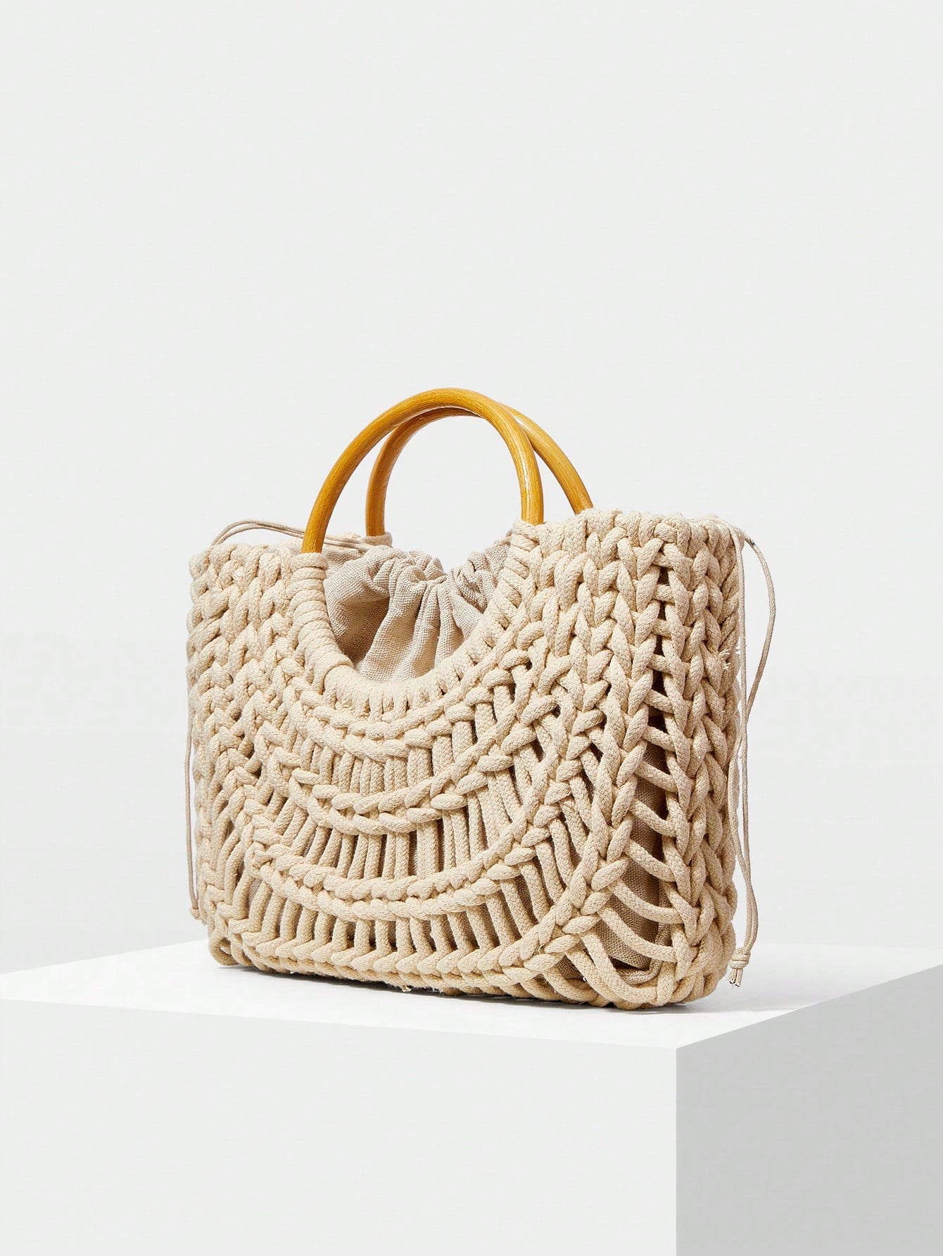 CM-BGS880515 Women Trendy Seoul Style Woven Hollow Out Drawstring Tote Bag - Beige