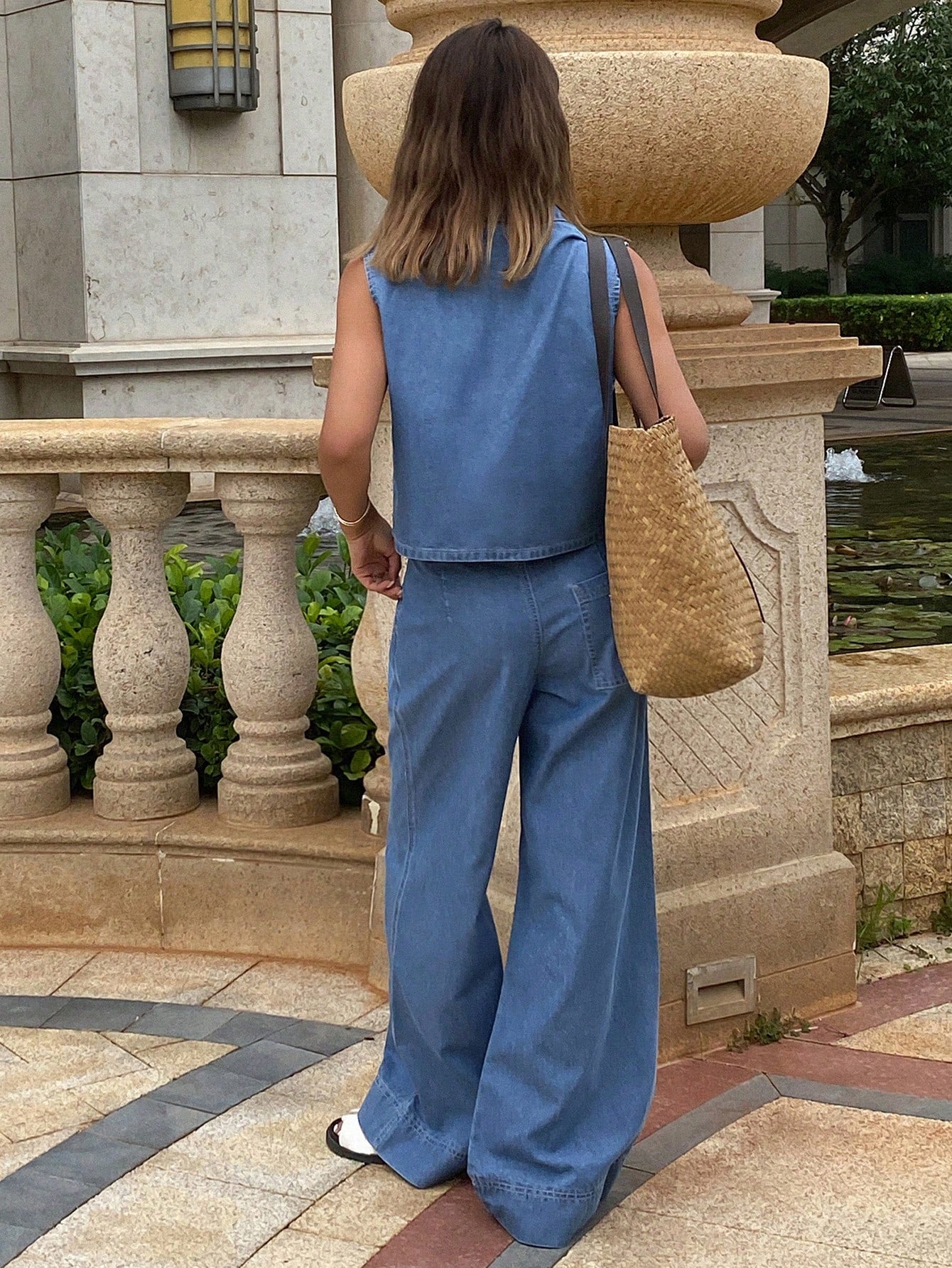 CM-SS958133 Women Casual Seoul Style Collar Neckline Sleeveless Denim Shirt With Wide-Leg Pants - Set