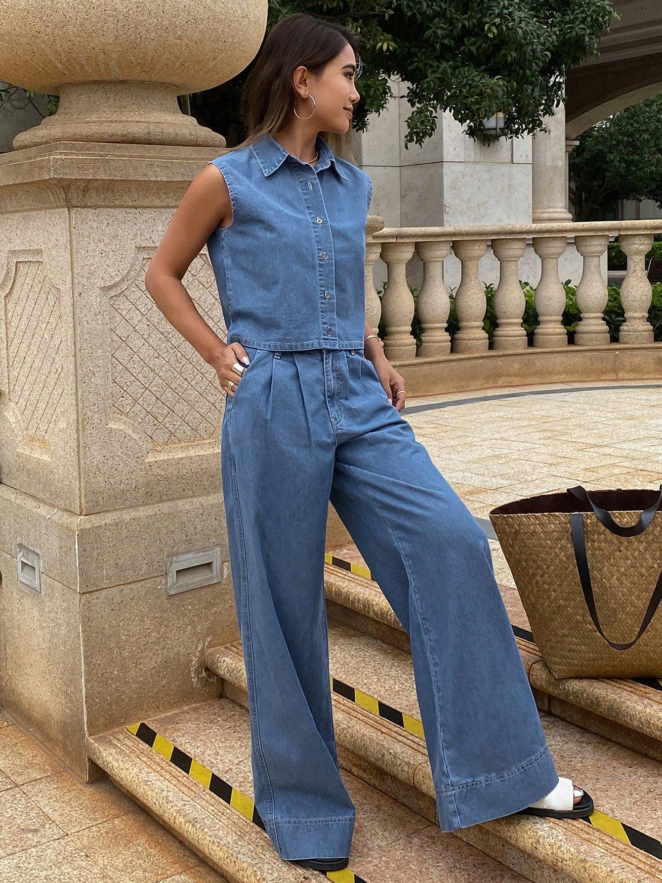 CM-SS958133 Women Casual Seoul Style Collar Neckline Sleeveless Denim Shirt With Wide-Leg Pants - Set