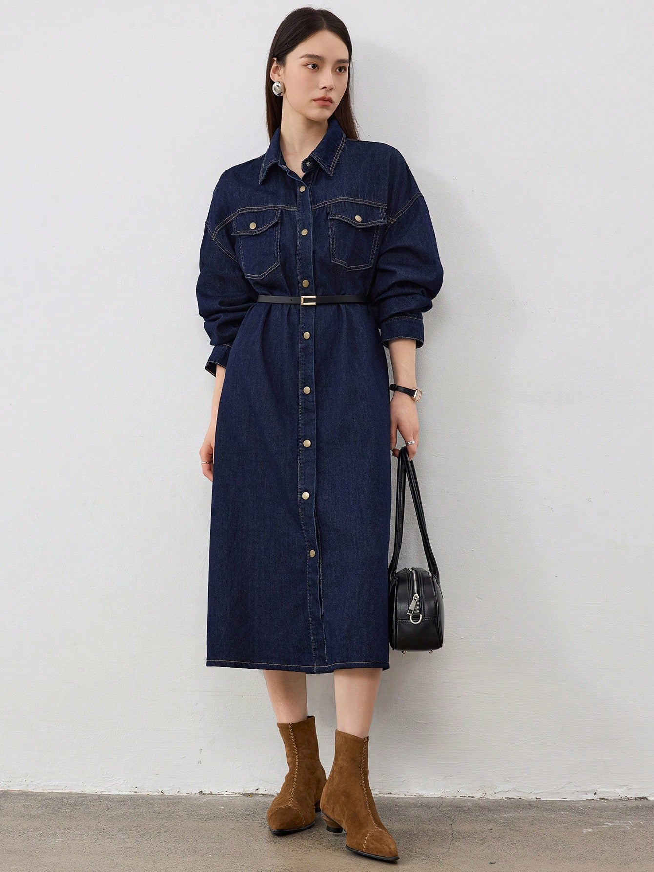 CM-DS996947 Women Casual Seoul Style Dark Wash Collar Neckline Drop Shoulder Midi Denim Dress