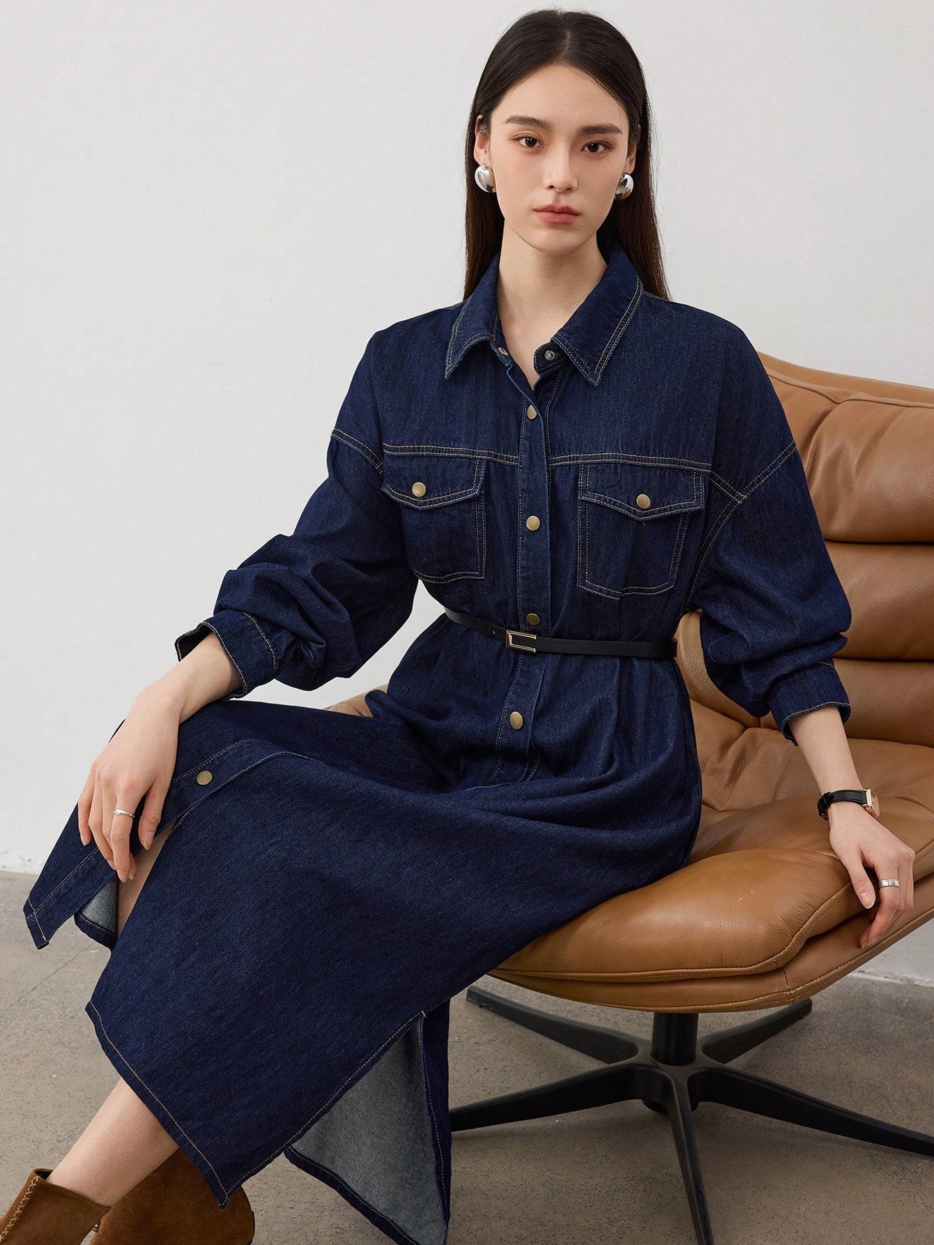 CM-DS996947 Women Casual Seoul Style Dark Wash Collar Neckline Drop Shoulder Midi Denim Dress