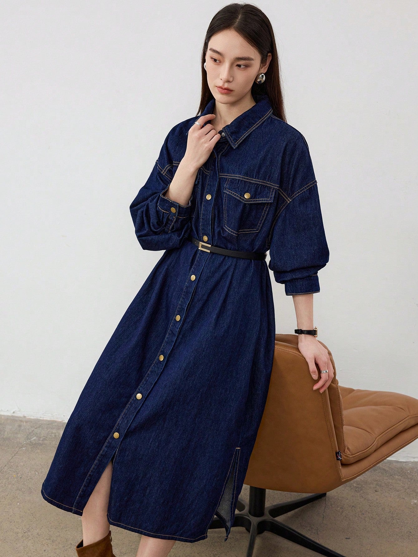 CM-DS996947 Women Casual Seoul Style Dark Wash Collar Neckline Drop Shoulder Midi Denim Dress