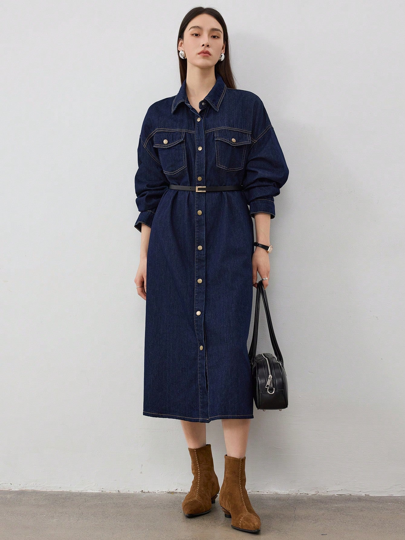 CM-DS996947 Women Casual Seoul Style Dark Wash Collar Neckline Drop Shoulder Midi Denim Dress