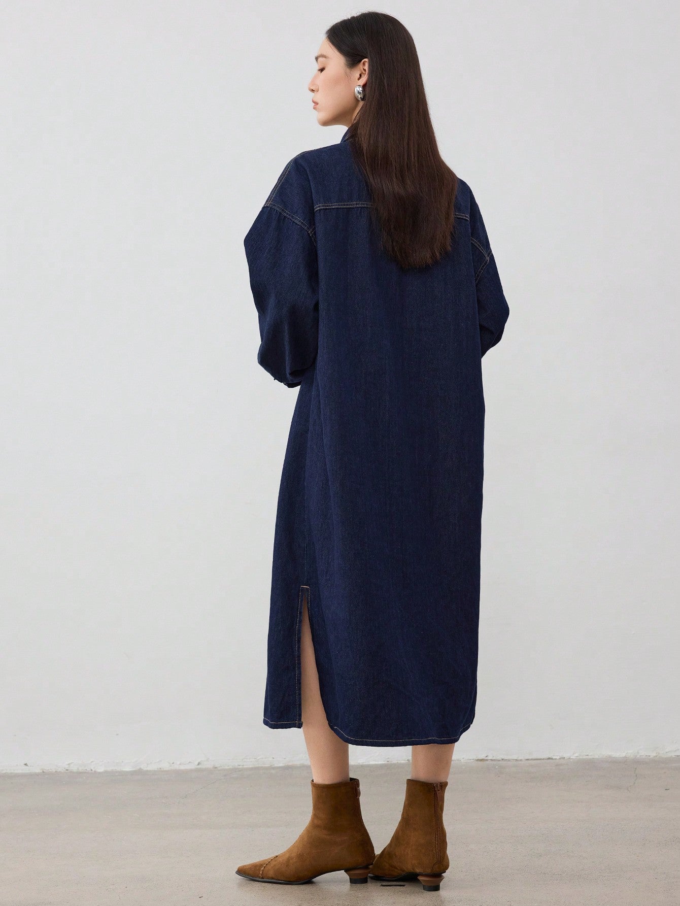 CM-DS996947 Women Casual Seoul Style Dark Wash Collar Neckline Drop Shoulder Midi Denim Dress