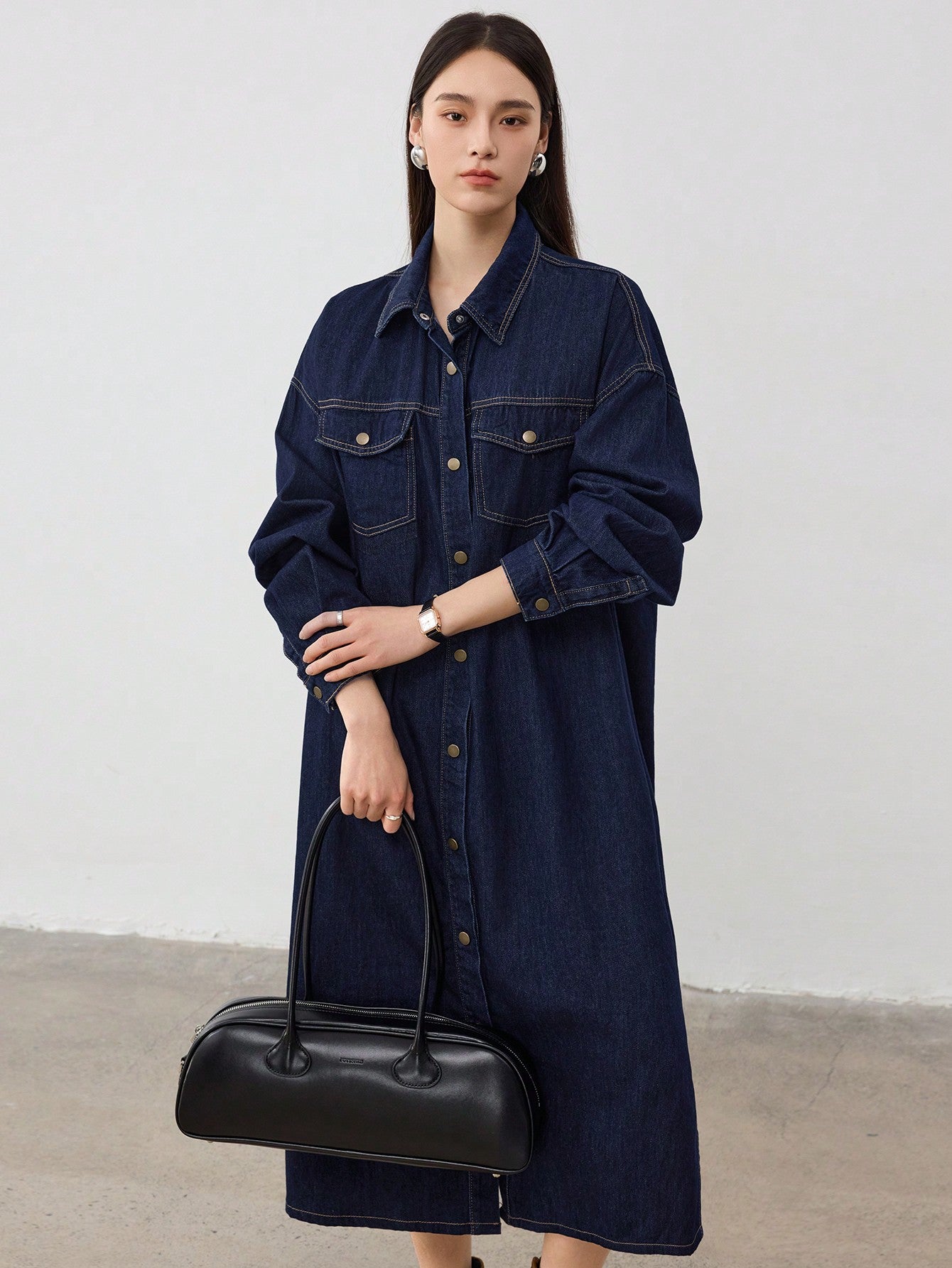 CM-DS996947 Women Casual Seoul Style Dark Wash Collar Neckline Drop Shoulder Midi Denim Dress