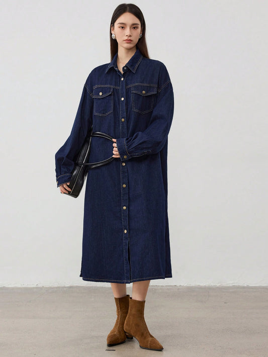 CM-DS996947 Women Casual Seoul Style Dark Wash Collar Neckline Drop Shoulder Midi Denim Dress