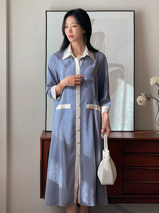CM-DS444854 Women Casual Seoul Style Shirt Collar 3/4 Sleeve Colorblock Long Dress - Blue