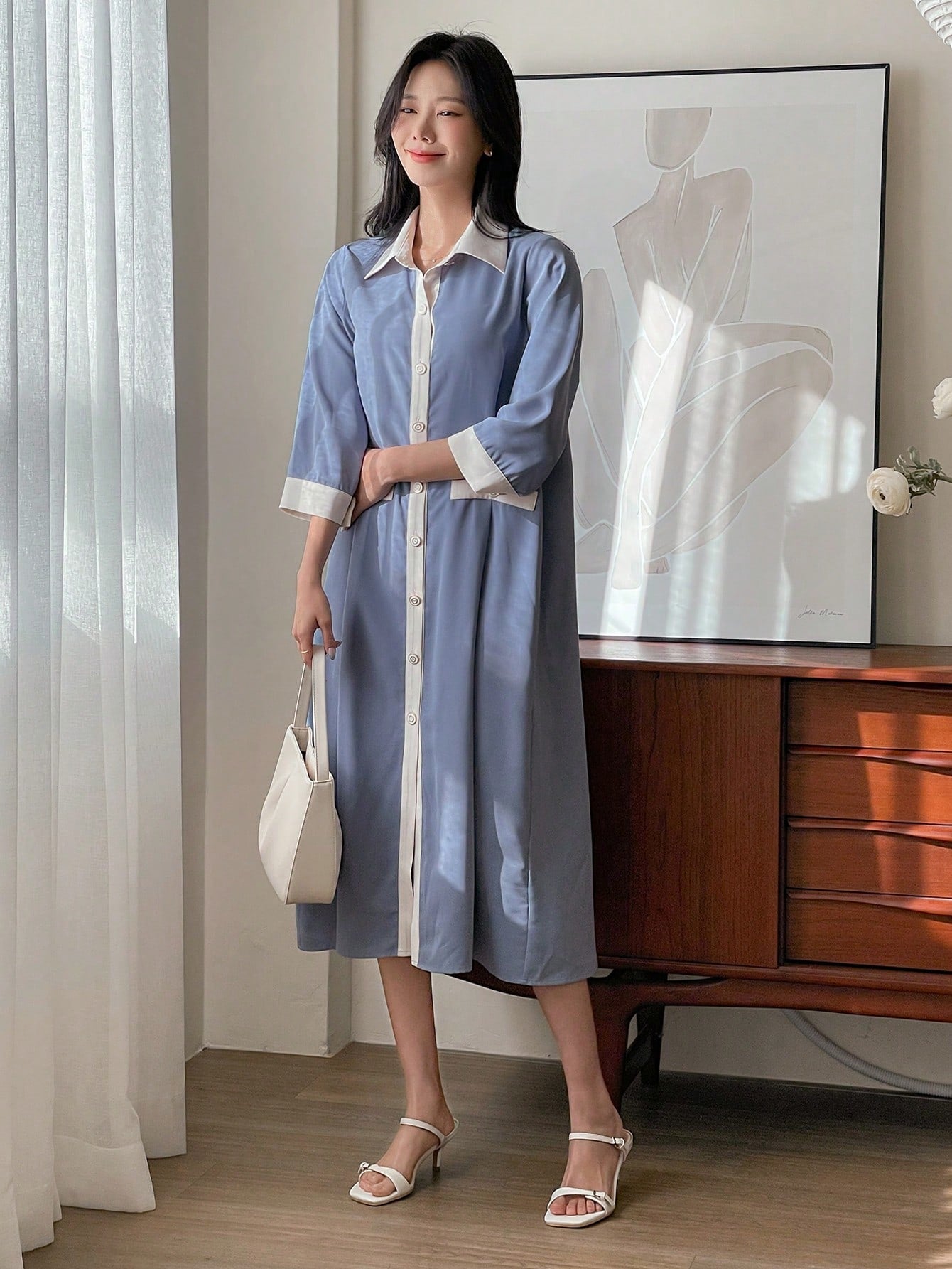 CM-DS444854 Women Casual Seoul Style Shirt Collar 3/4 Sleeve Colorblock Long Dress - Blue