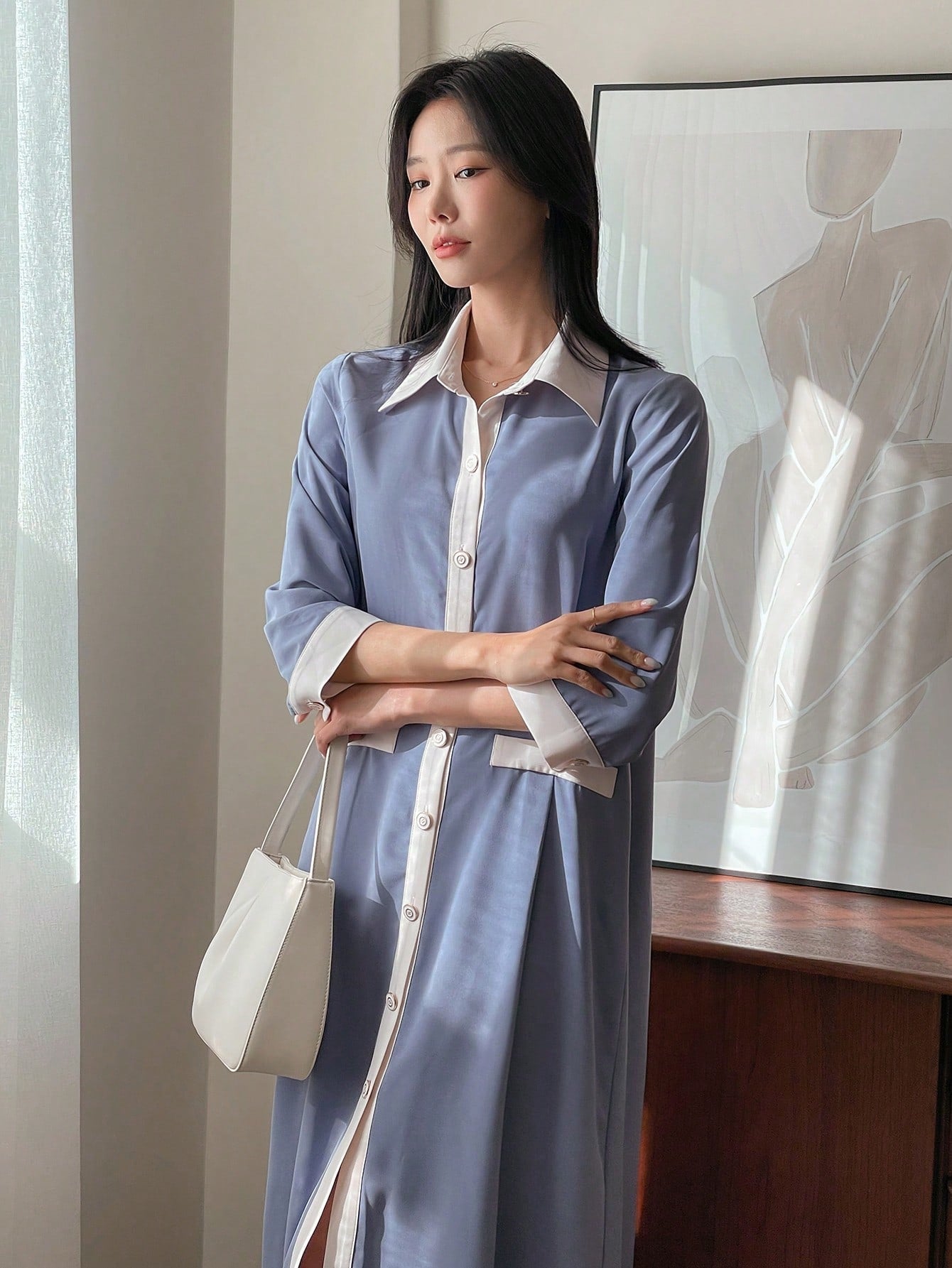 CM-DS444854 Women Casual Seoul Style Shirt Collar 3/4 Sleeve Colorblock Long Dress - Blue