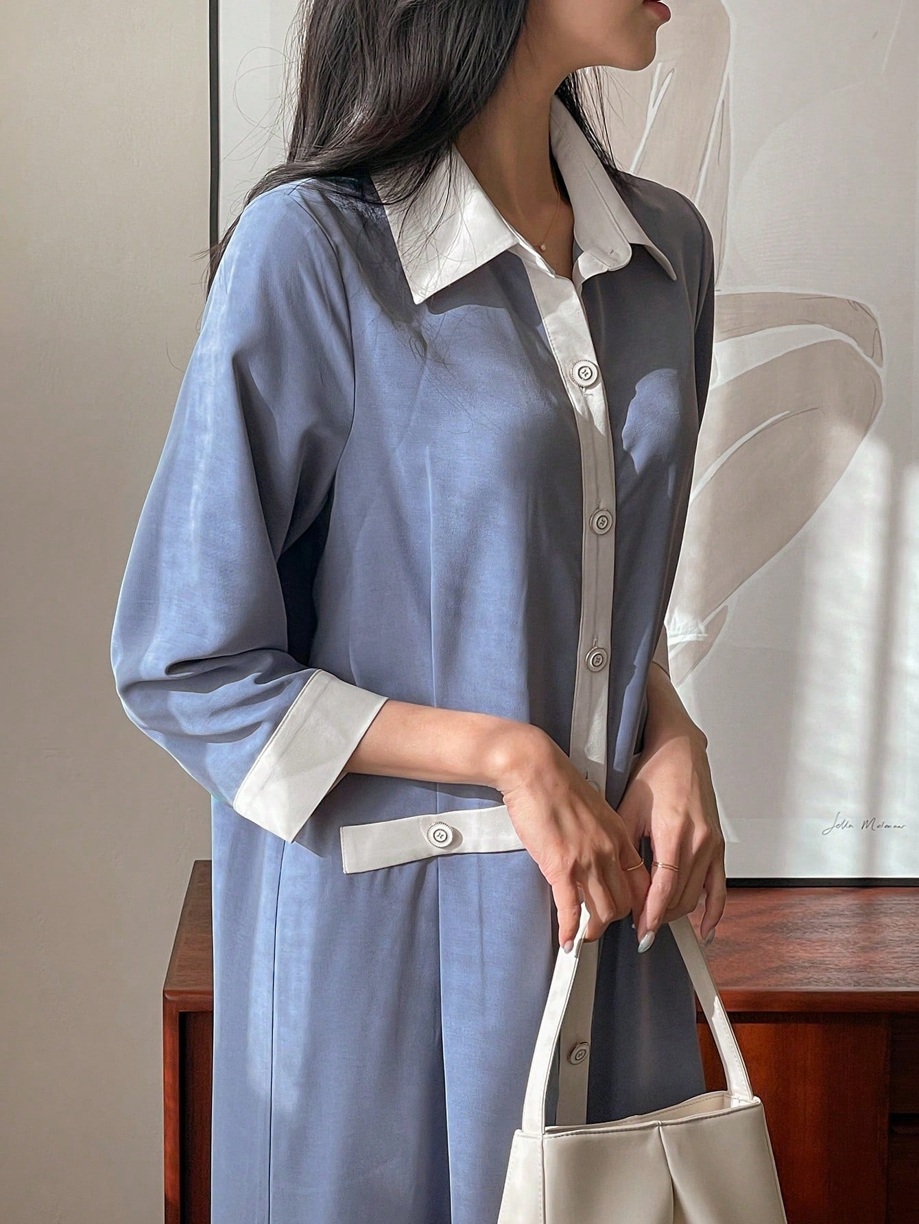 CM-DS444854 Women Casual Seoul Style Shirt Collar 3/4 Sleeve Colorblock Long Dress - Blue