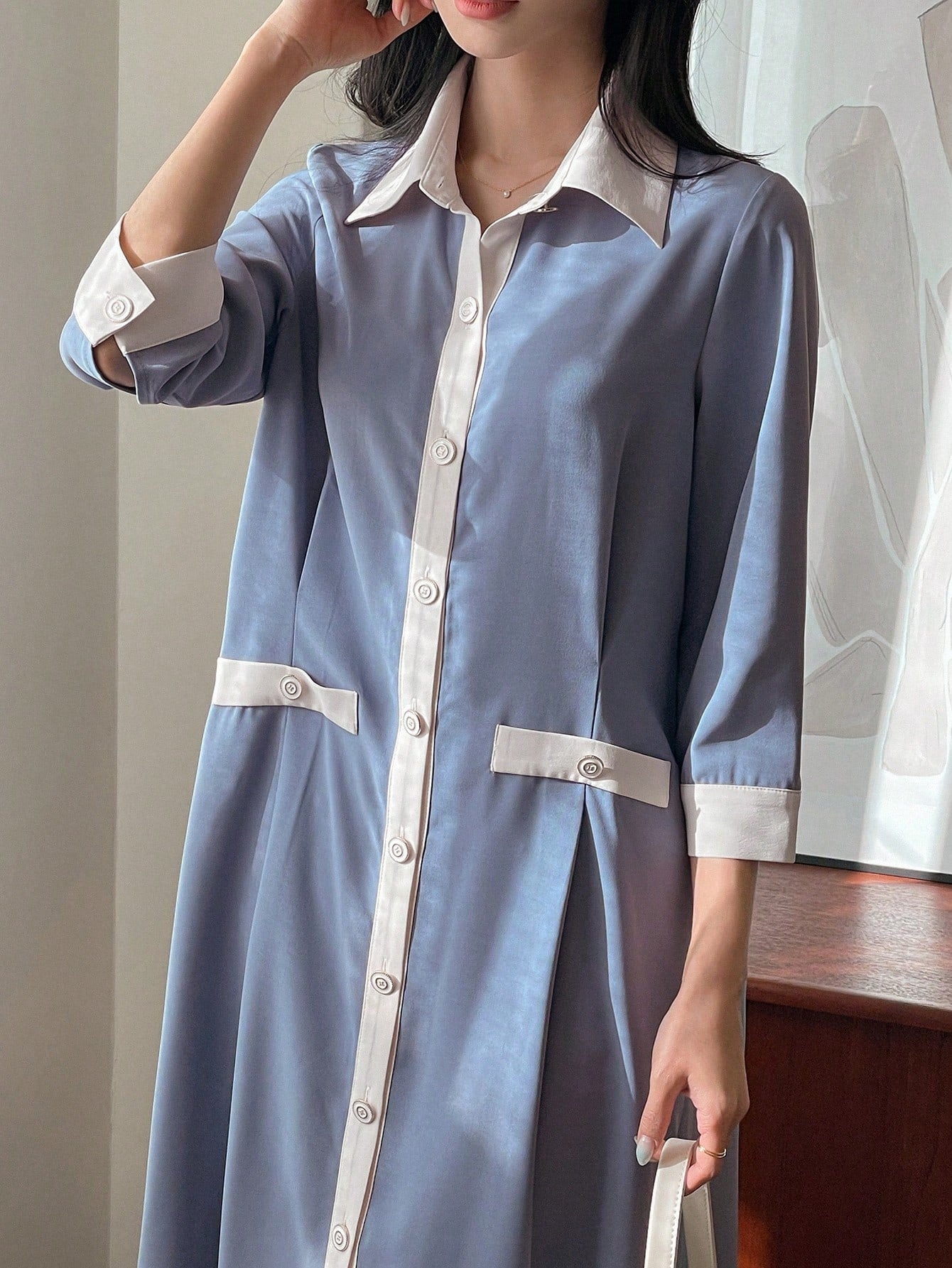 CM-DS444854 Women Casual Seoul Style Shirt Collar 3/4 Sleeve Colorblock Long Dress - Blue