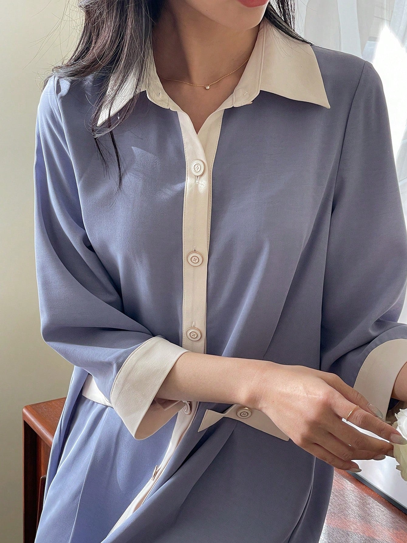 CM-DS444854 Women Casual Seoul Style Shirt Collar 3/4 Sleeve Colorblock Long Dress - Blue