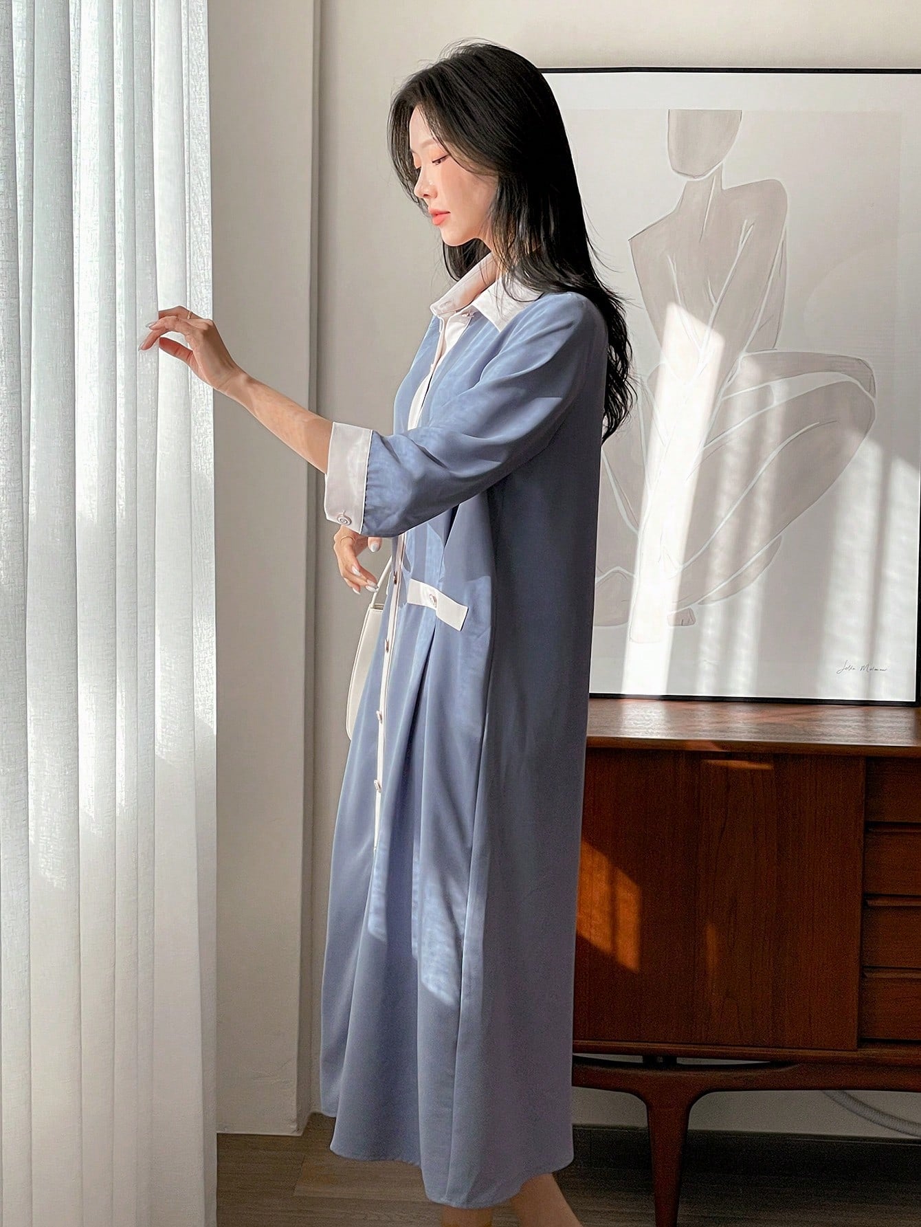 CM-DS444854 Women Casual Seoul Style Shirt Collar 3/4 Sleeve Colorblock Long Dress - Blue