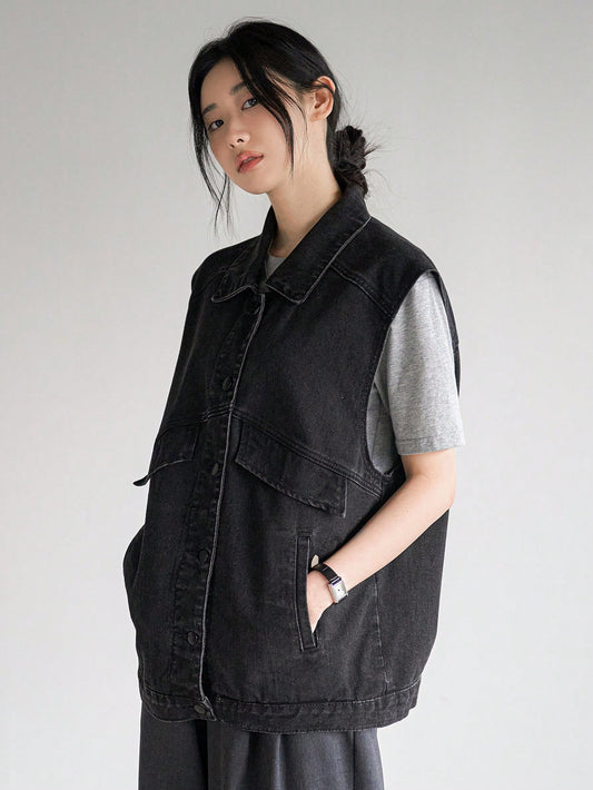 CM-CS420595 Women Casual Seoul Style Sleeveless Front Button Pocket Denim Jacket - Black