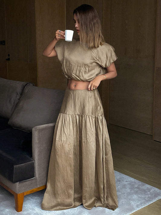 CM-SS527509 Women Trendy Bohemian Style Solid Loose Fit Crew Neck Short Sleeve Shirt With Long Pleated Skirt- Set