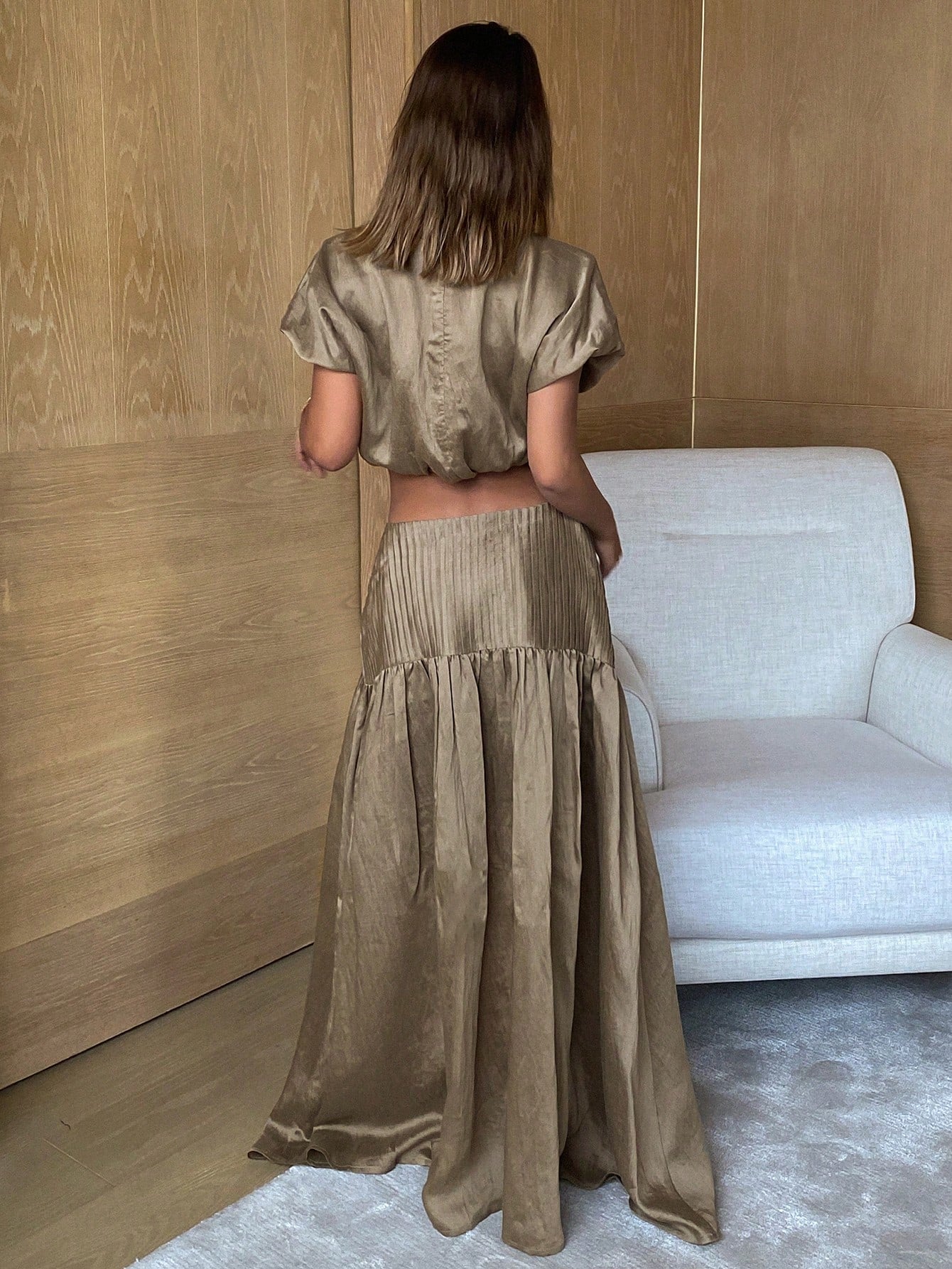 CM-SS527509 Women Trendy Bohemian Style Solid Loose Fit Crew Neck Short Sleeve Shirt With Long Pleated Skirt- Set