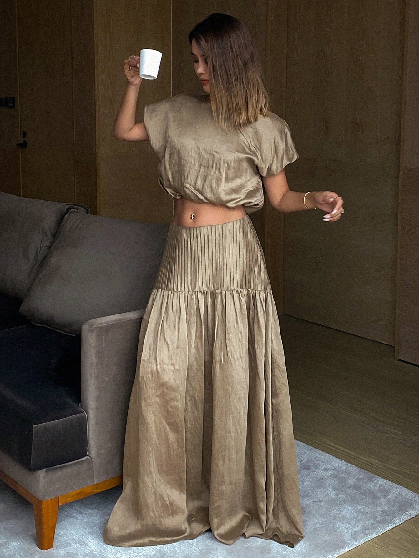 CM-SS527509 Women Trendy Bohemian Style Solid Loose Fit Crew Neck Short Sleeve Shirt With Long Pleated Skirt- Set