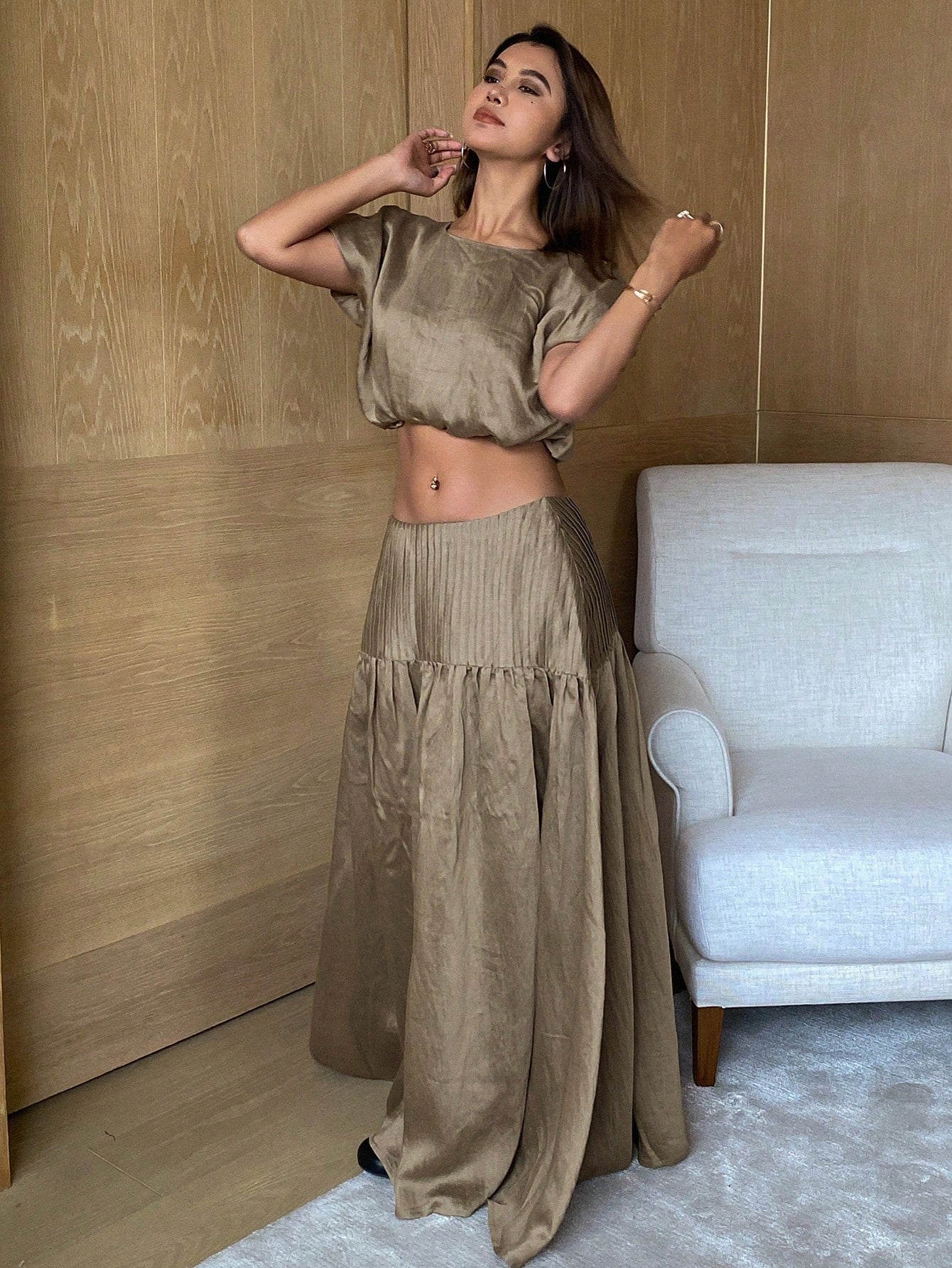 CM-SS527509 Women Trendy Bohemian Style Solid Loose Fit Crew Neck Short Sleeve Shirt With Long Pleated Skirt- Set