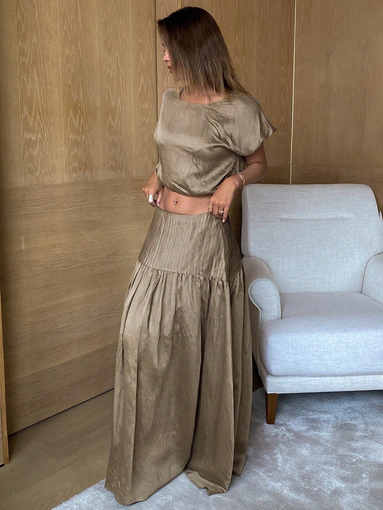 CM-SS527509 Women Trendy Bohemian Style Solid Loose Fit Crew Neck Short Sleeve Shirt With Long Pleated Skirt- Set