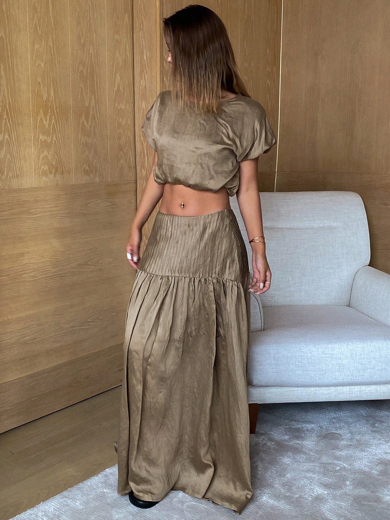 CM-SS527509 Women Trendy Bohemian Style Solid Loose Fit Crew Neck Short Sleeve Shirt With Long Pleated Skirt- Set
