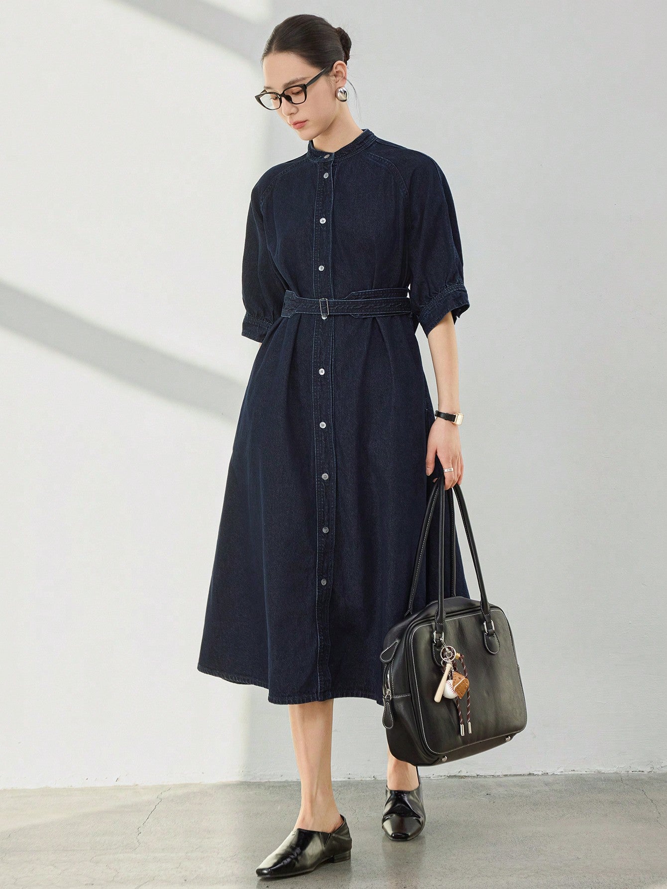 CM-DS248026 Women Casual Seoul Style Dark Wash Stand Collar Batwing Sleeve A-Line Denim Dress