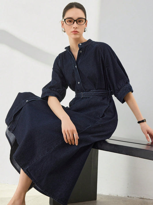 CM-DS248026 Women Casual Seoul Style Dark Wash Stand Collar Batwing Sleeve A-Line Denim Dress
