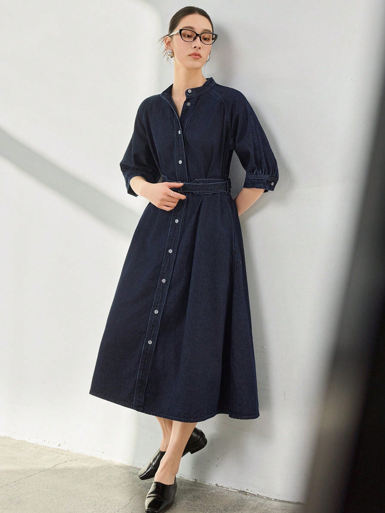 CM-DS248026 Women Casual Seoul Style Dark Wash Stand Collar Batwing Sleeve A-Line Denim Dress
