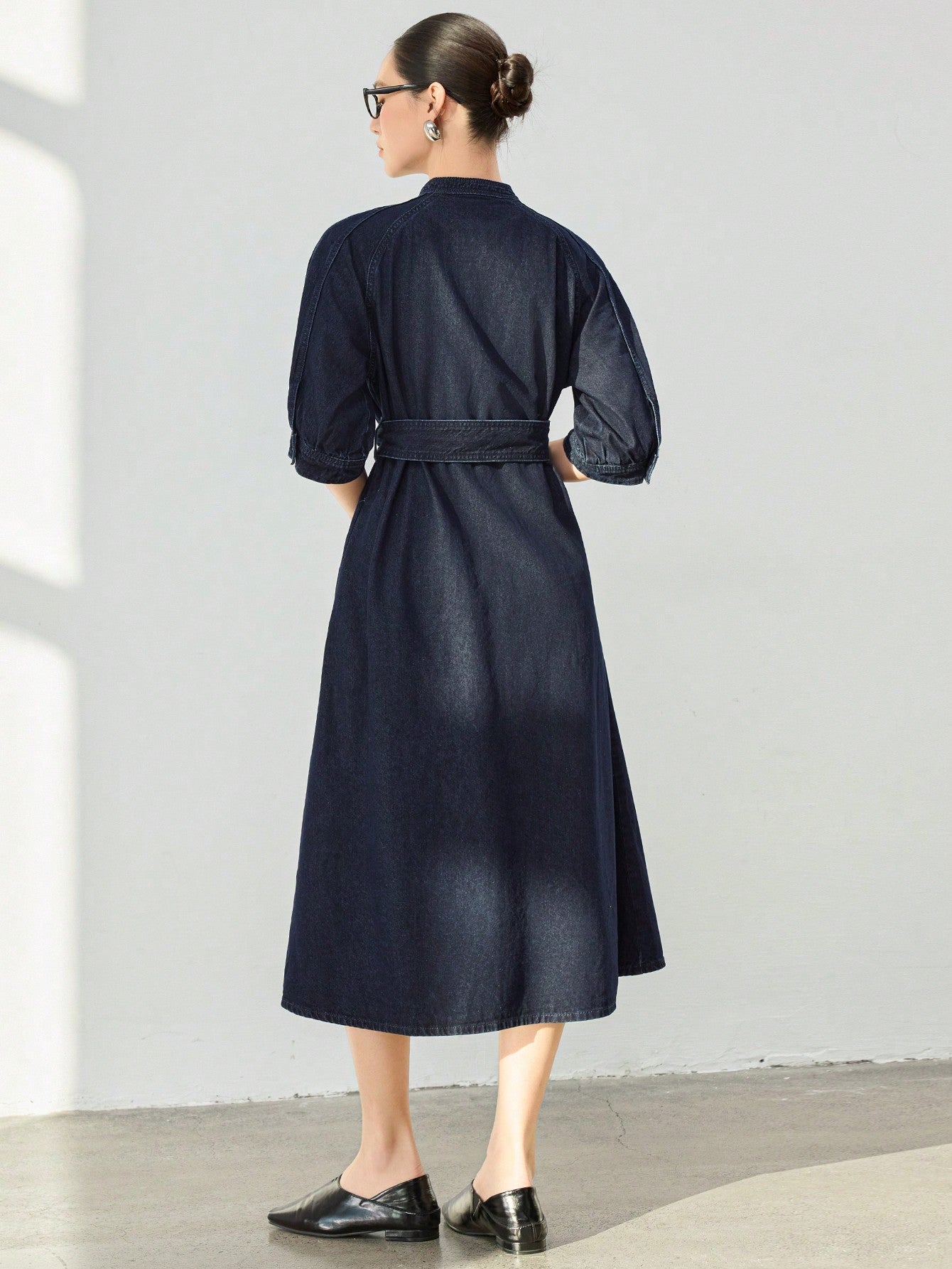 CM-DS248026 Women Casual Seoul Style Dark Wash Stand Collar Batwing Sleeve A-Line Denim Dress