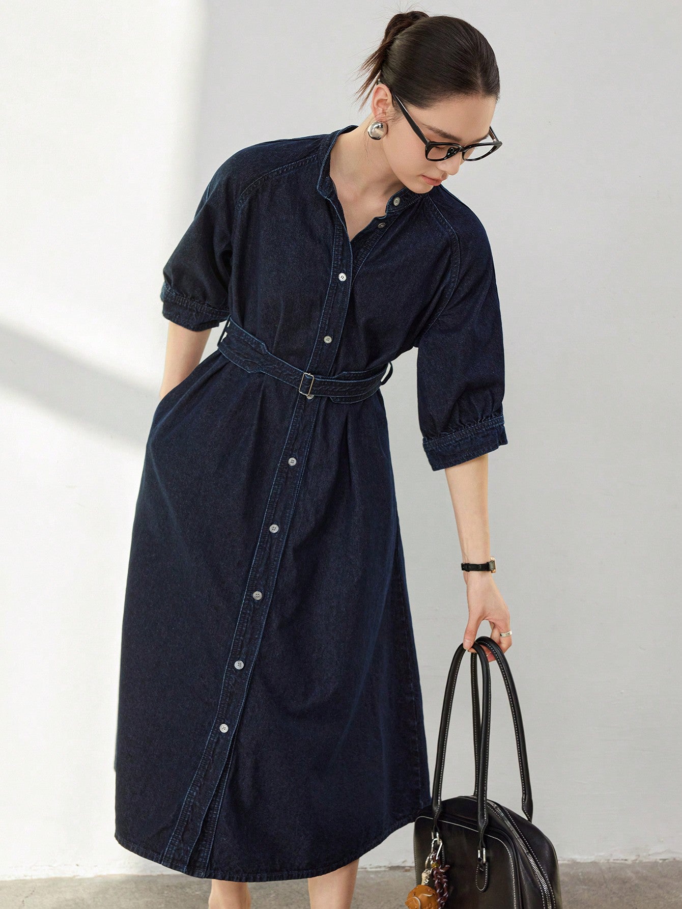 CM-DS248026 Women Casual Seoul Style Dark Wash Stand Collar Batwing Sleeve A-Line Denim Dress
