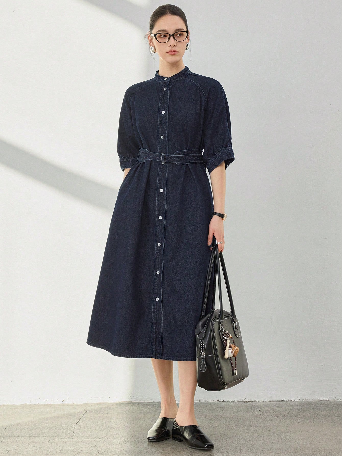 CM-DS248026 Women Casual Seoul Style Dark Wash Stand Collar Batwing Sleeve A-Line Denim Dress