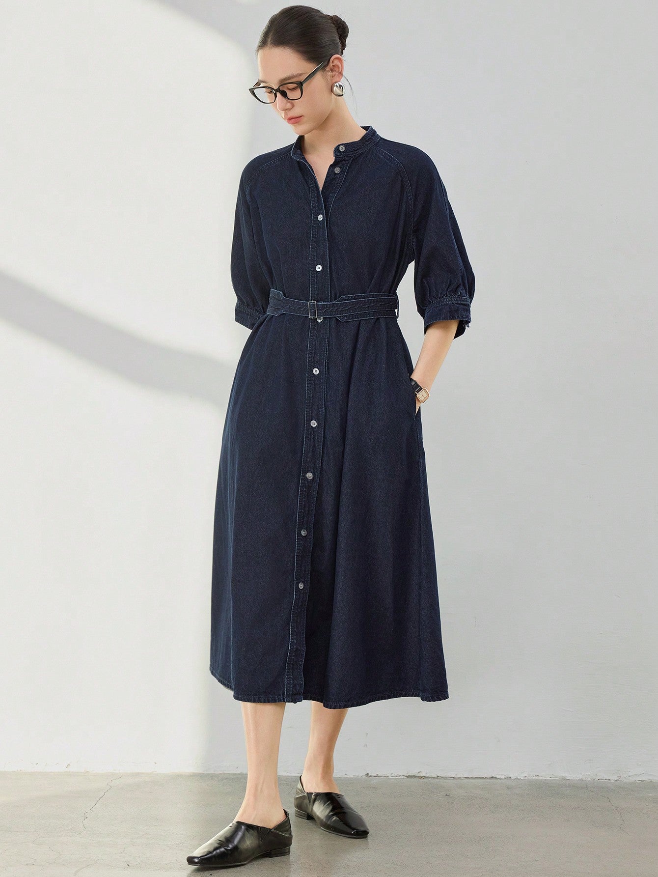 CM-DS248026 Women Casual Seoul Style Dark Wash Stand Collar Batwing Sleeve A-Line Denim Dress