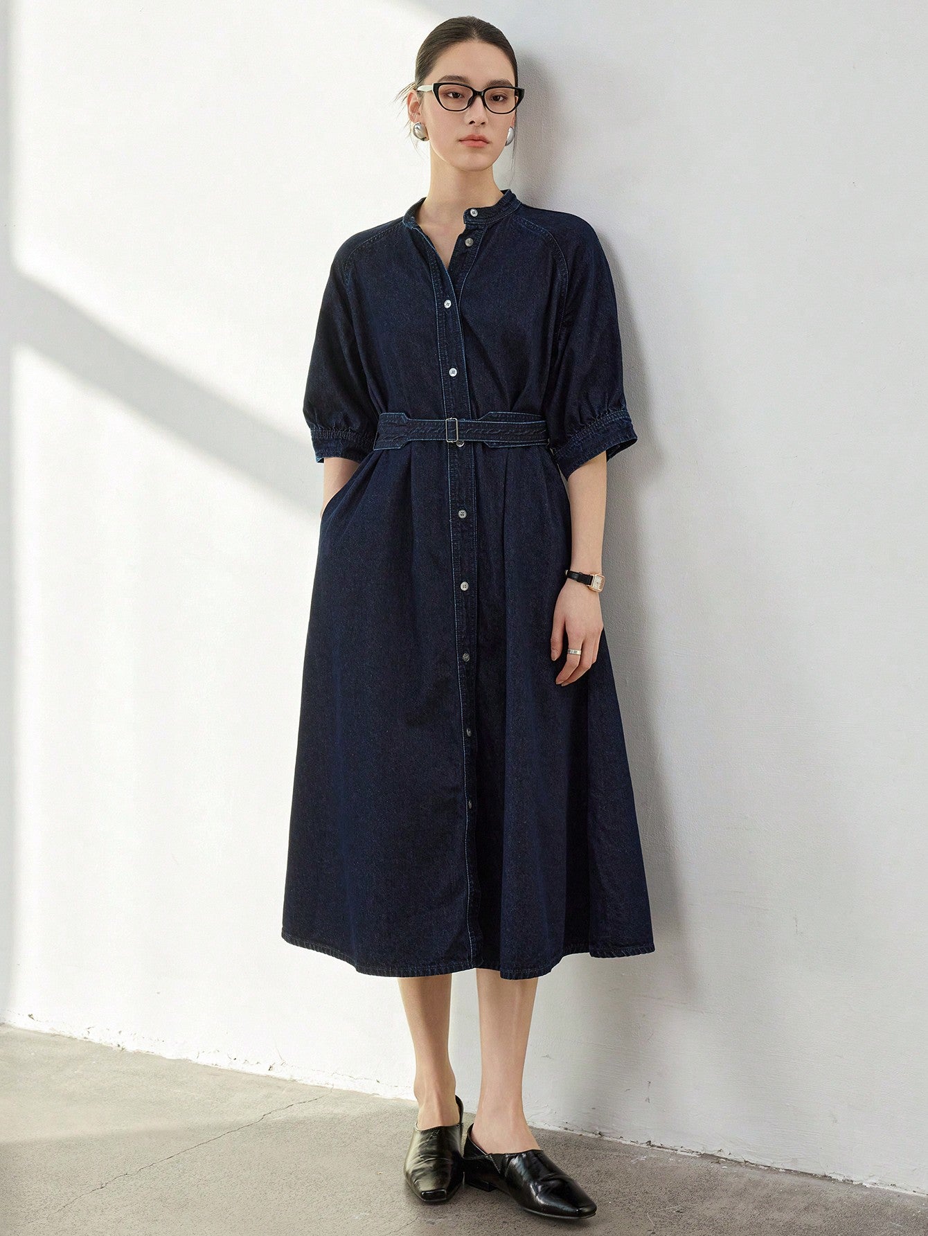 CM-DS248026 Women Casual Seoul Style Dark Wash Stand Collar Batwing Sleeve A-Line Denim Dress