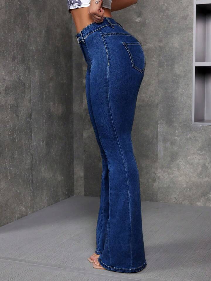 CM-BS888226 Women Preppy Seoul Style Dark Washed Denim Bell-Bottom Flare Leg Pants