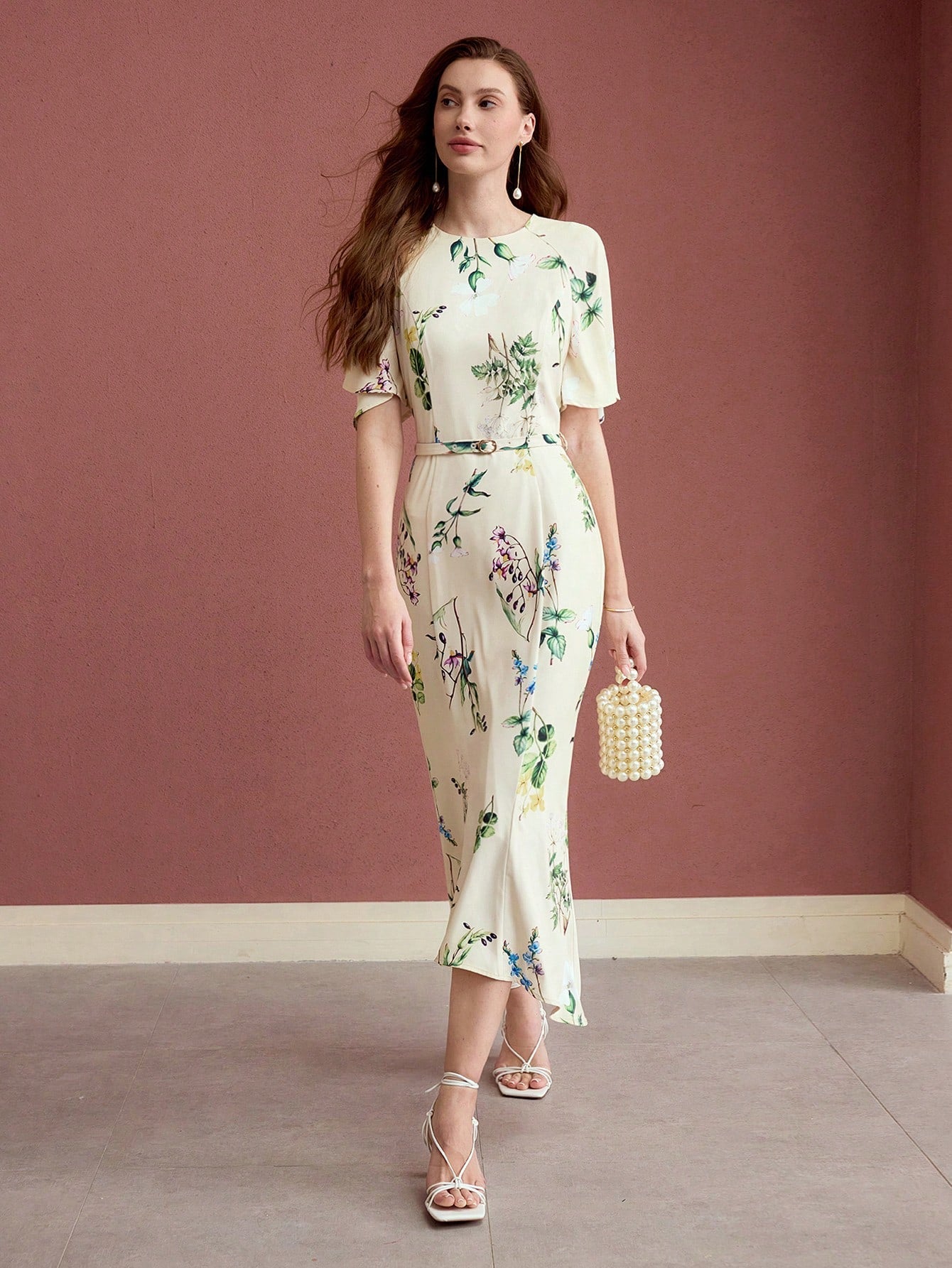 CM-DS683380 Women Elegant Seoul Style Round Neck Floral Print Flounce Sleeve Belted Midi Dress