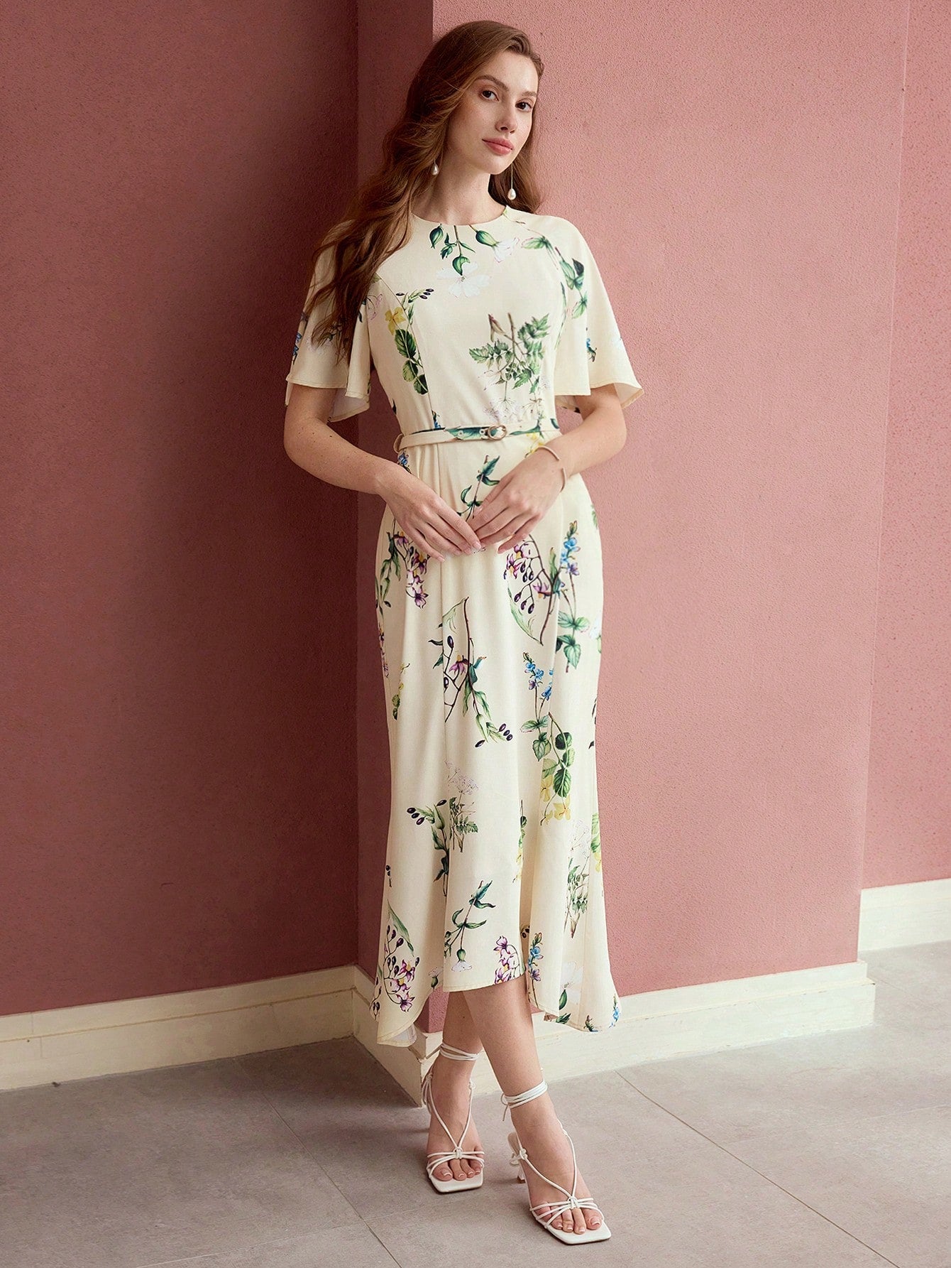 CM-DS683380 Women Elegant Seoul Style Round Neck Floral Print Flounce Sleeve Belted Midi Dress