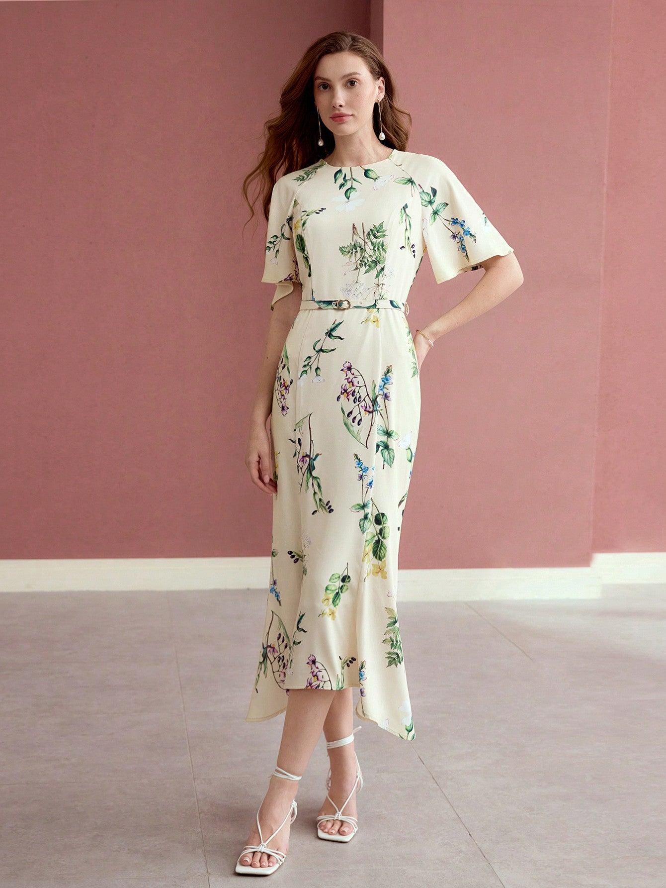 CM-DS683380 Women Elegant Seoul Style Round Neck Floral Print Flounce Sleeve Belted Midi Dress