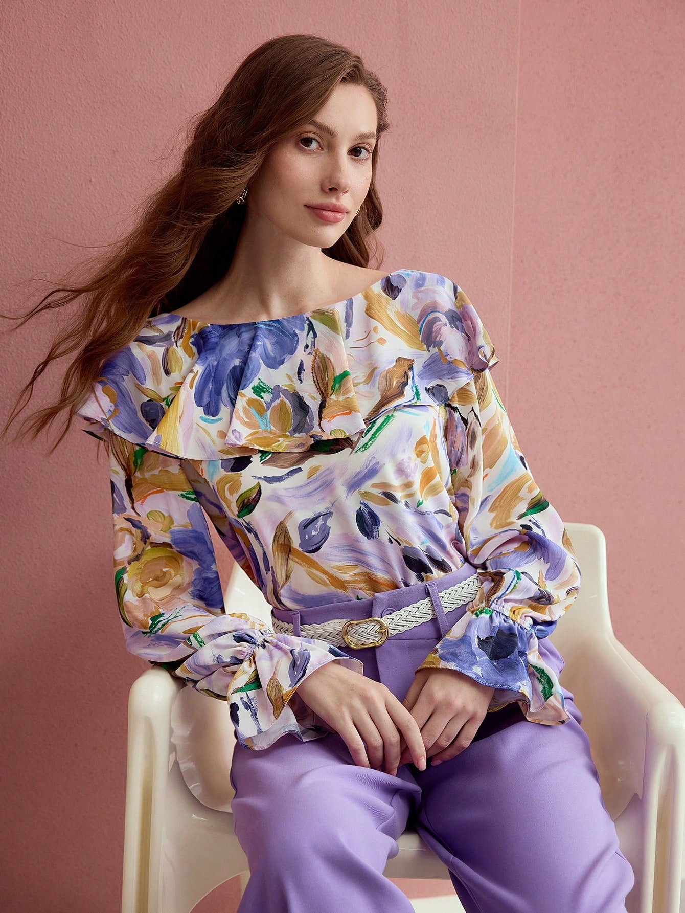 CM-TS466342 Women Elegant Seoul Style Floral Print Boat Neck Flare Sleeve Ruffle Trim Blouse - Lilac Purple