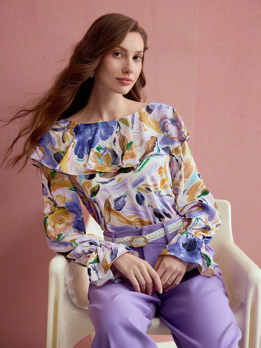 CM-TS466342 Women Elegant Seoul Style Floral Print Boat Neck Flare Sleeve Ruffle Trim Blouse - Lilac Purple
