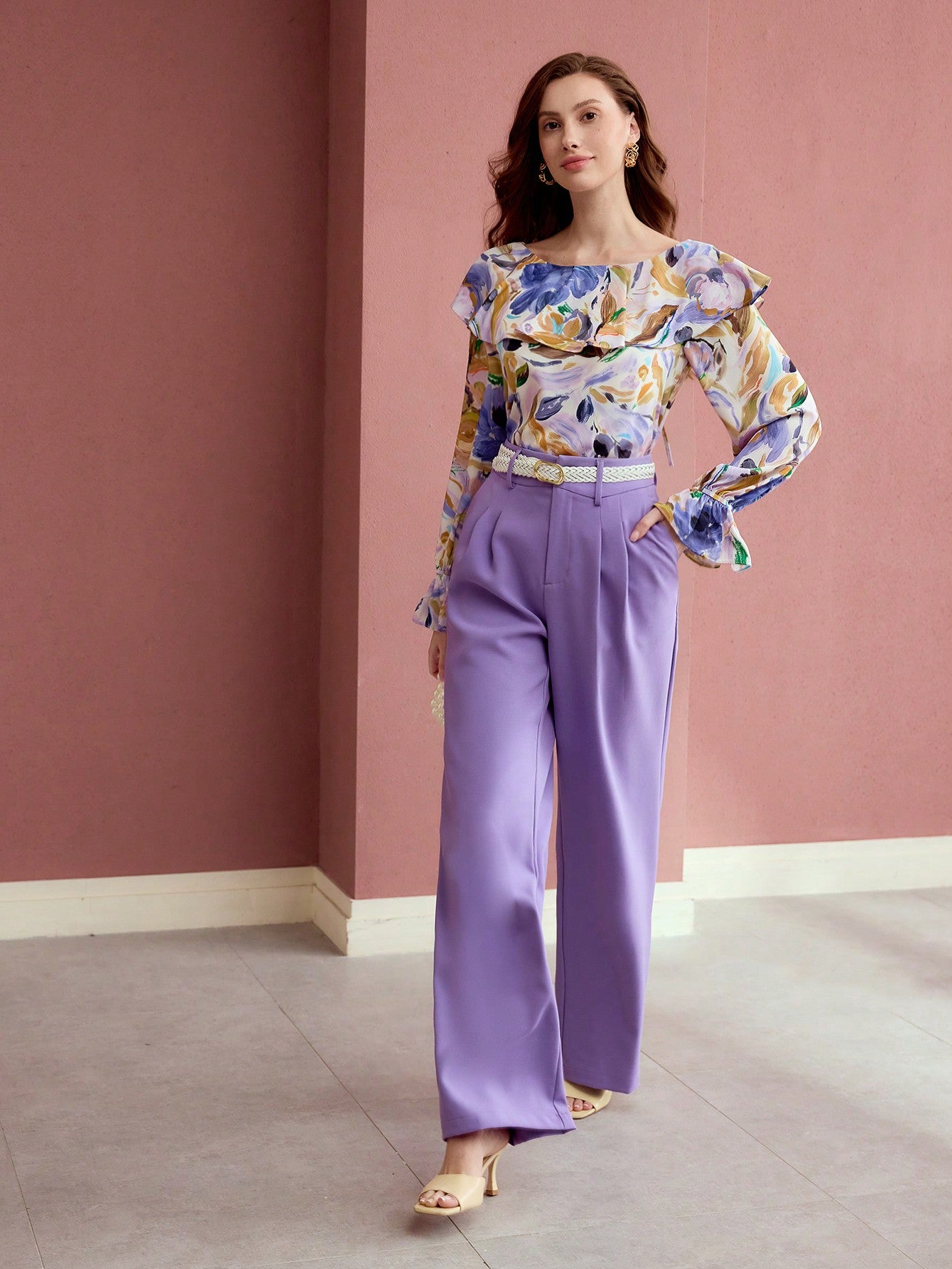 CM-TS466342 Women Elegant Seoul Style Floral Print Boat Neck Flare Sleeve Ruffle Trim Blouse - Lilac Purple