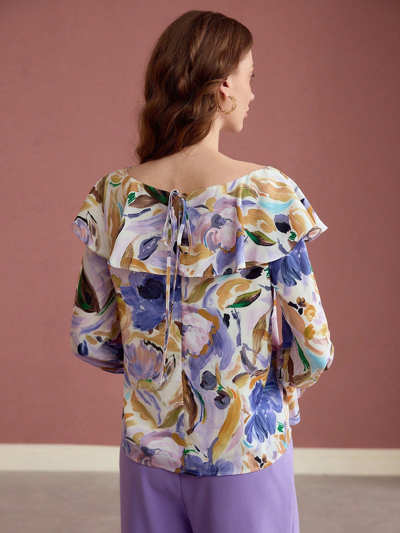 CM-TS466342 Women Elegant Seoul Style Floral Print Boat Neck Flare Sleeve Ruffle Trim Blouse - Lilac Purple