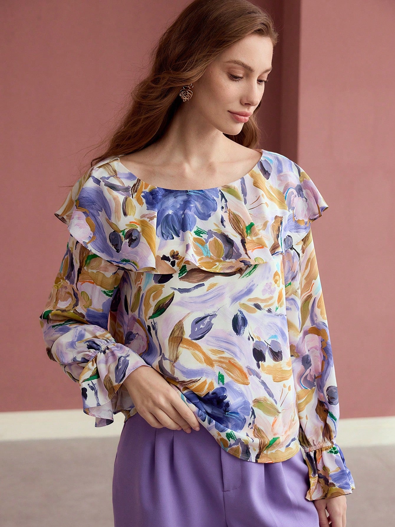 CM-TS466342 Women Elegant Seoul Style Floral Print Boat Neck Flare Sleeve Ruffle Trim Blouse - Lilac Purple