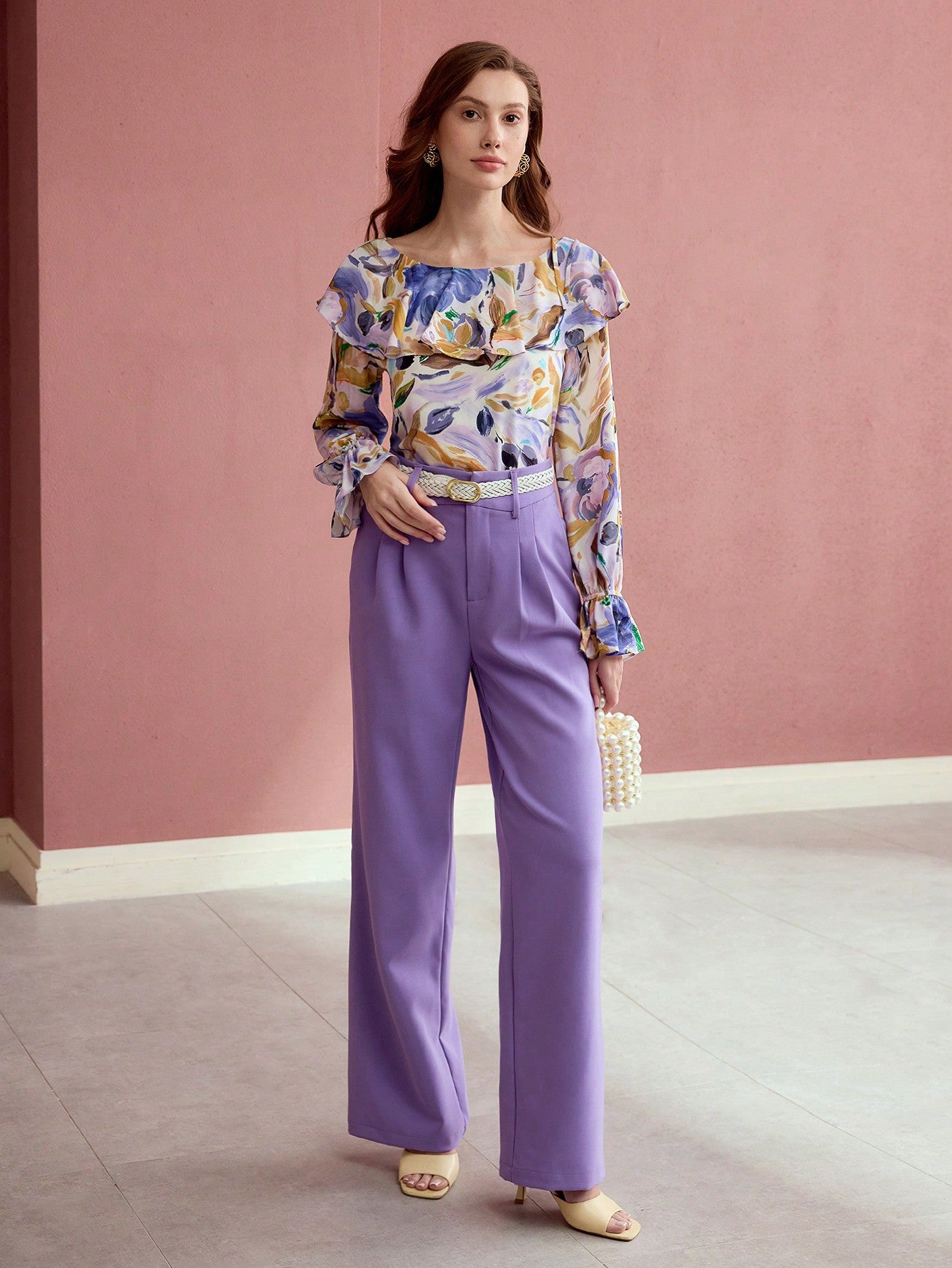 CM-TS466342 Women Elegant Seoul Style Floral Print Boat Neck Flare Sleeve Ruffle Trim Blouse - Lilac Purple