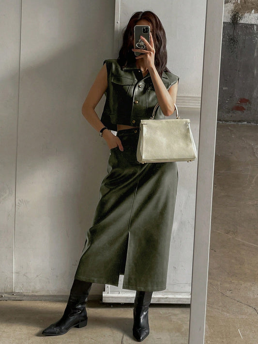 CM-SS478974 Women Elegant Seoul Style PU Leather Flap Detail Sleeveless Jacket With Split Hem Straight Skirt - Set